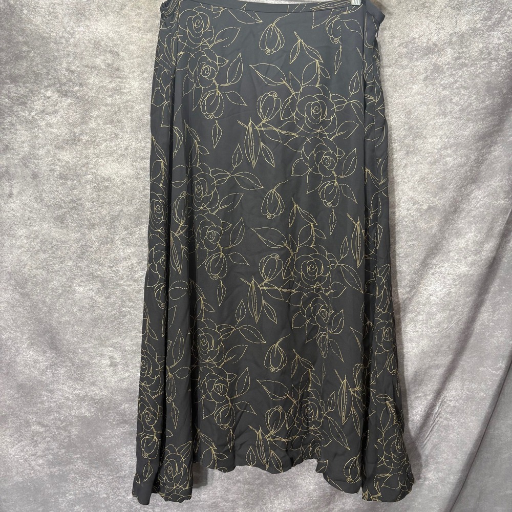 Kate Hill Black 100% Silk Floral Maxi Skirt Plus Size 20W Y2K Whimsigoth Cottage